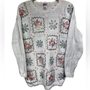 🌸 VTG 🌸Sarah Morgan White Pink Floral Embroidered Beaded Knit Sweater - S